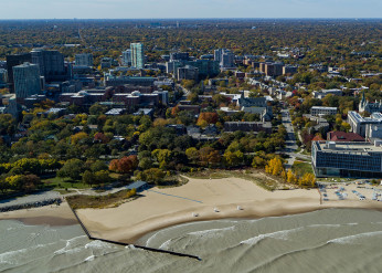 Downtown Evanston from above, looking from the lakeshore