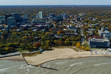 Downtown Evanston from above, looking from the lakeshore
