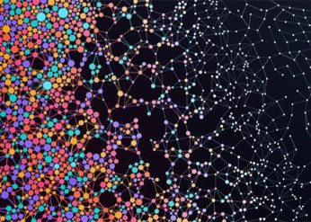 Multicolored dots gather at the left side of the image, spreading out and reaching a uniform pattern over time