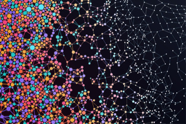 Multicolored dots gather at the left side of the image, spreading out and reaching a uniform pattern over time