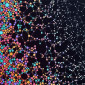 Multicolored dots gather at the left side of the image, spreading out and reaching a uniform pattern over time