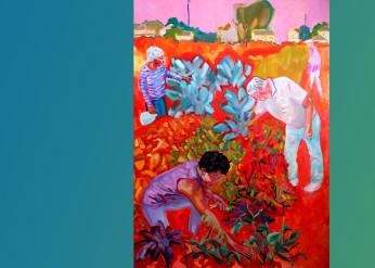 a painting of people in a garden