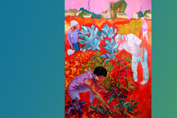 a painting of people in a garden