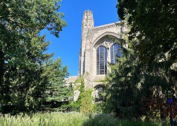 A tower of Deering Library viewed from between two trees