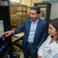 Study authors Drs. Sachin Patel (left) and Farhana Yasmin looking at brain recordings from central amygdala neurons